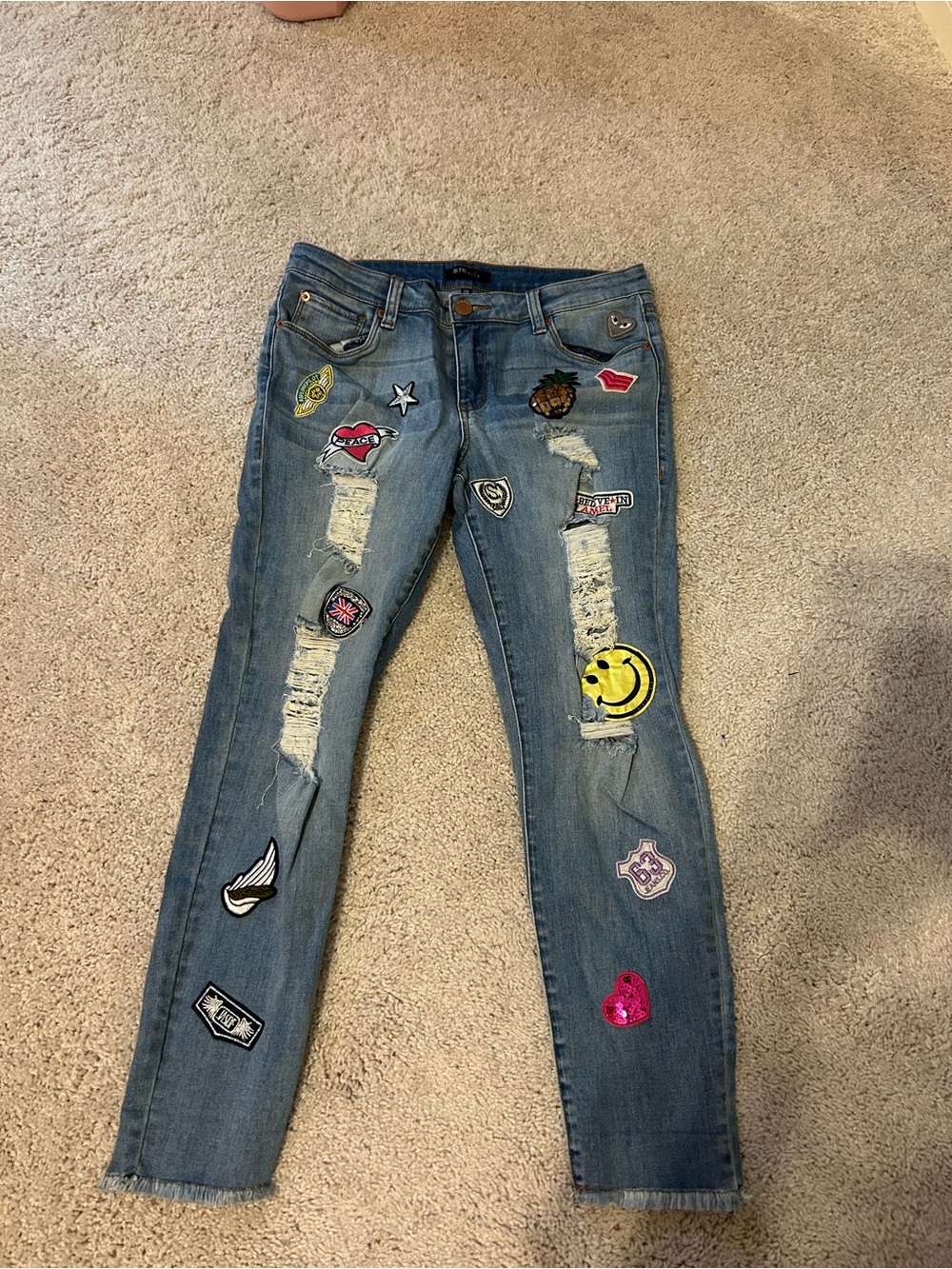 STS Blue Distressed Skinny Jeans with Colorful Patchwork